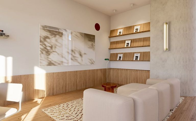 Wnętrze z białymi meblami, drewnianymi detalami, styl dopamine decor, skandynawski i minimalistyczny.