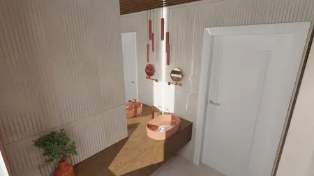 Wnętrze łazienki z różową umywalką i rustykalnymi akcentami, dopamine decor, vintage, eklektyczny