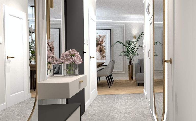 Przedpokój w stylu art deco, eklektycznym, glamour i quiet luxury z lustrami i roślinami.