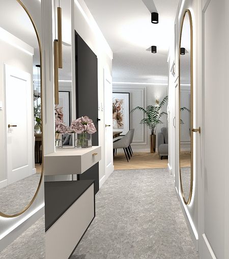 Przedpokój w stylu art deco, eklektycznym, glamour i quiet luxury z lustrami i roślinami.