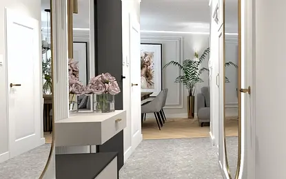 Przedpokój w stylu art deco, eklektycznym, glamour i quiet luxury z lustrami i roślinami.