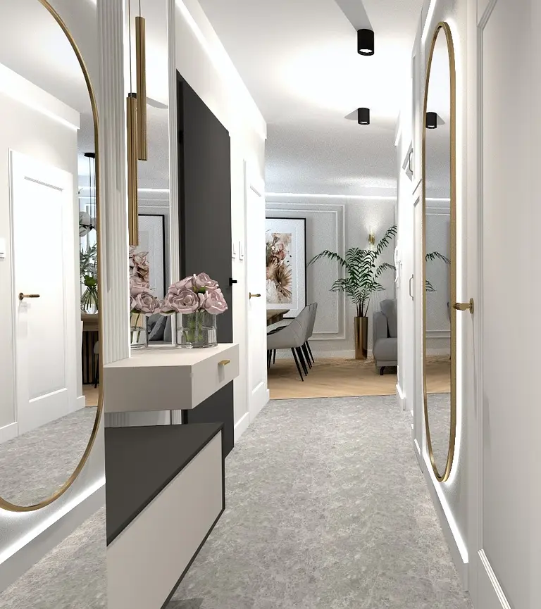 Przedpokój w stylu art deco, eklektycznym, glamour i quiet luxury z lustrami i roślinami.