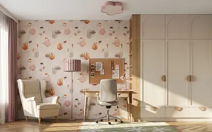 Wnętrze pokoju dziecięcego z tapetą w stylu boho i nowoczesnymi akcentami.