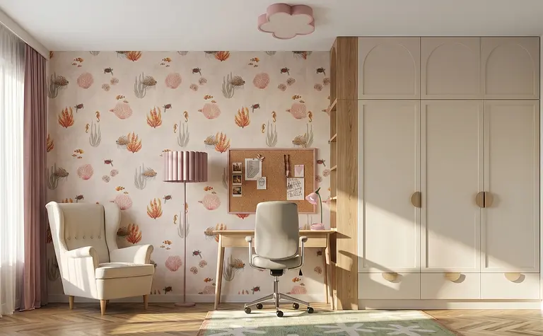 Wnętrze pokoju dziecięcego z tapetą w stylu boho i nowoczesnymi akcentami.