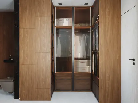 Garderoba z drewnianymi meblami, minimalistyczny design, nowoczesne akcenty.