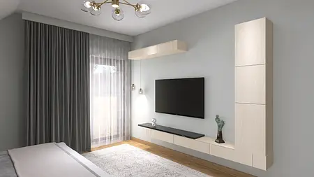 Salon z telewizorem na ścianie, minimalistyczne meble i zasłony.