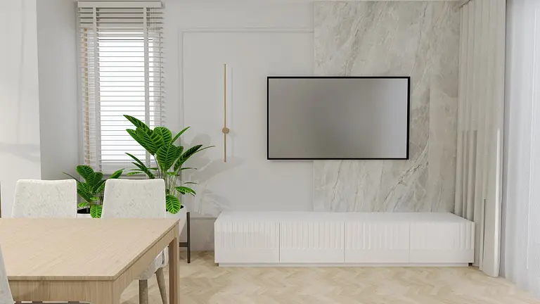 Nowoczesne wnętrze salonu z białymi meblami i roślinami, skandynawski styl.