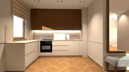 Wnętrze kuchni z drewnianymi i białymi meblami, nowoczesny design.