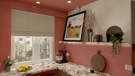 Kuchnia w stylu dopamine decor, minimalistyczna, z różowymi ścianami i marmurowym blatem