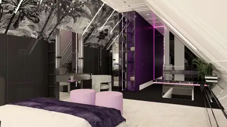 Wnętrze poddasza w stylu dopamine decor z fioletowymi akcentami i eklektycznym wystrojem.