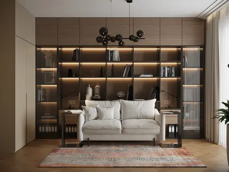 Wnętrze z minimalistycznym regałem i nowoczesną sofą, współczesny design.