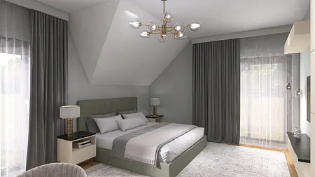 Współczesna minimalistyczna sypialnia z szarymi zasłonami i zielonym łóżkiem.