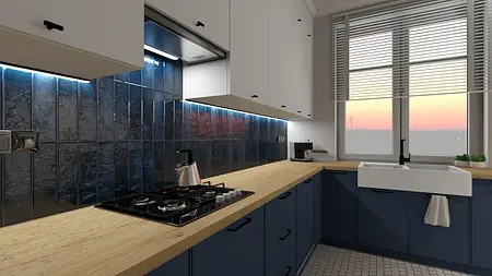 Wnętrze kuchni z niebieskimi meblami i drewnianym blatem, styl art deco, minimalistyczny, vintage