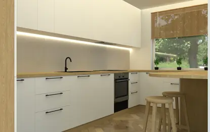 Nowoczesna kuchnia w stylu glamour, japandi i minimalistycznym z białymi meblami.