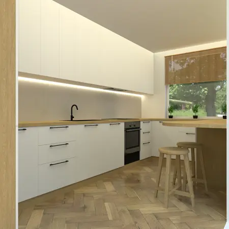 Nowoczesna kuchnia w stylu glamour, japandi i minimalistycznym z białymi meblami.