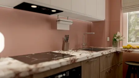 Kuchnia w stylu dopamine decor z różową ścianą, minimalizmem i nowoczesnym wykończeniem.