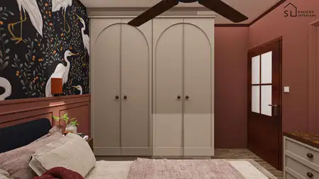 Wnętrze sypialni z jasnymi meblami i kolorową tapetą w stylu minimalistycznym.