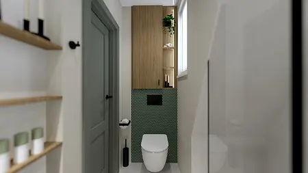 Mała toaleta w stylu minimalistycznym z drewnem i zielonymi płytkami.