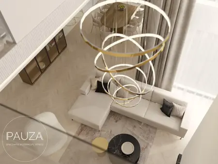 Wnętrze salonu z nowoczesnym oświetleniem, jasną sofą i drewnianym stołem w stylu minimaluxe.
