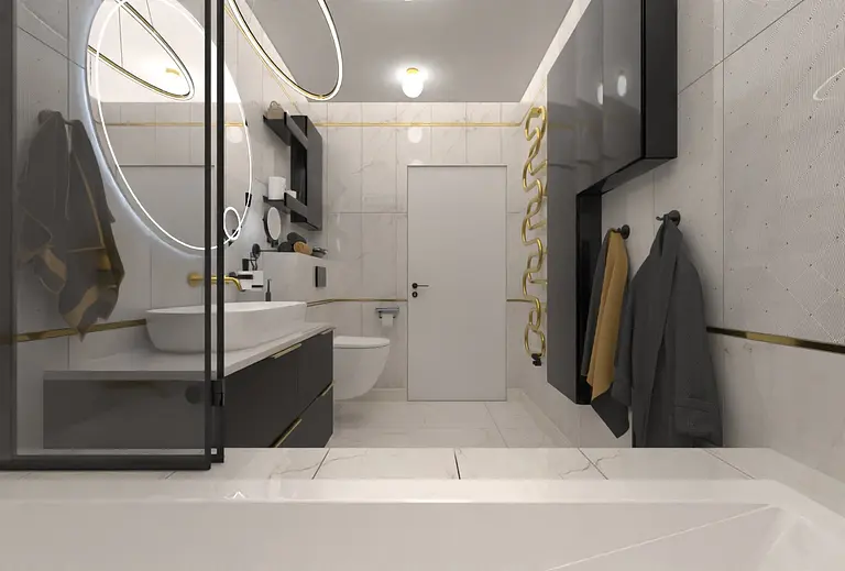 Nowoczesna łazienka z czarnymi meblami, złotymi detalami, w stylu boho, glamour i industrialnym.
