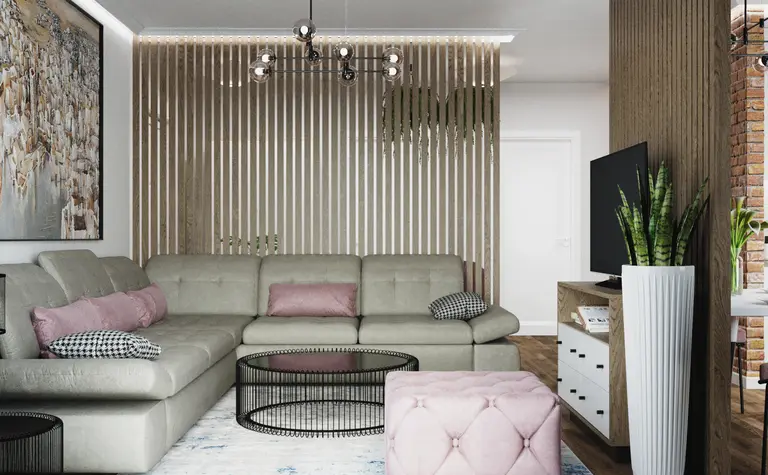 Wnętrze salonu z minimalistycznym designem, nowoczesnymi meblami, współczesnym stylem.