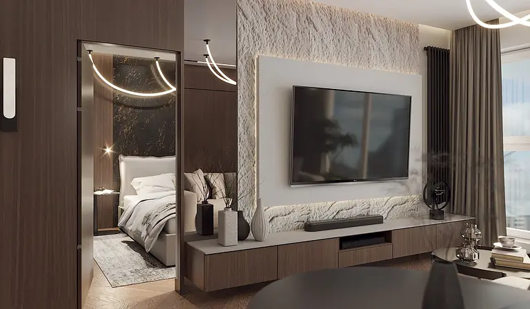 Nowoczesne wnętrze salonu z telewizorem, drewnianymi meblami i dekoracjami.