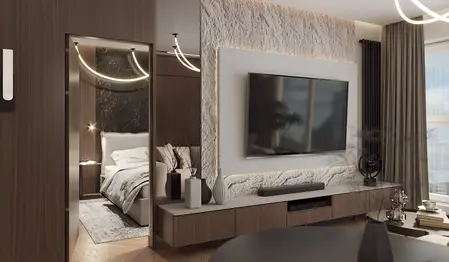 Nowoczesne wnętrze salonu z telewizorem, drewnianymi meblami i dekoracjami.