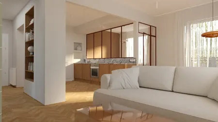 Wnętrze kuchni w stylu minimalistycznym i vintage z drewnianymi meblami.