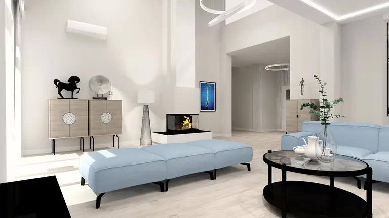 Wnętrze salonu z niebieską sofą, kominkiem i stylowymi akcentami, minimaluxe, nowoczesny, quiet luxury, współczesny.