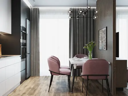 Wnętrze jadalni z różowymi krzesłami i białym stołem, minimalistyczny i nowoczesny design.