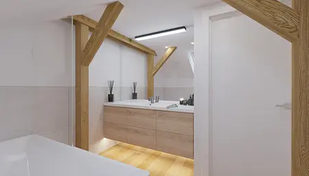 Nowoczesna łazienka z drewnianymi akcentami i minimalistycznymi detalami.