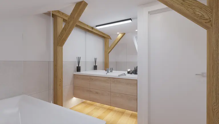 Nowoczesna łazienka z drewnianymi akcentami i minimalistycznymi detalami.