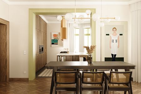 Wnętrze kuchni w stylu dopamine decor, eklektycznym i vintage z drewnianymi meblami.