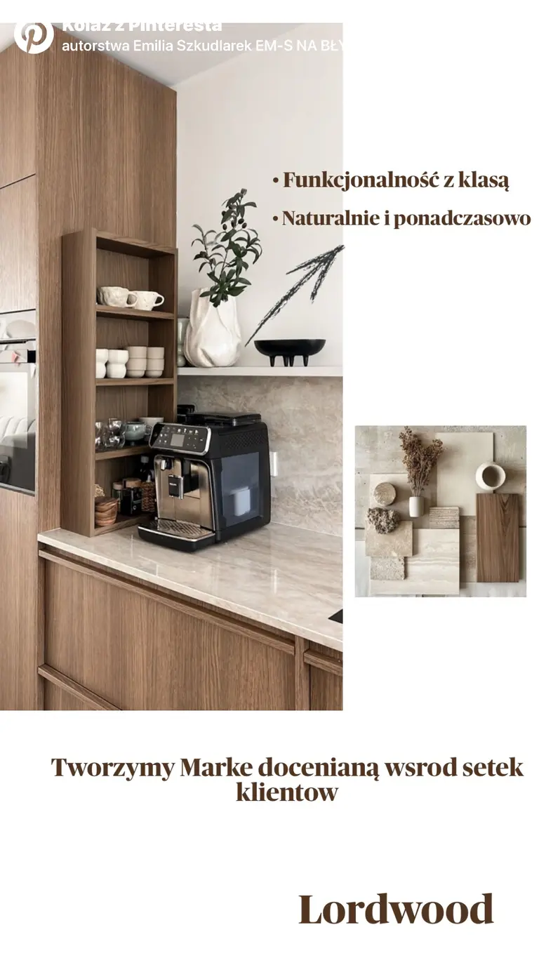 Wnętrze kuchni w stylu japandi z drewnianymi meblami i nowoczesnym blatem.