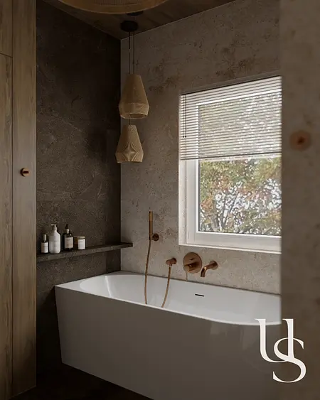 Wnętrze łazienki z białą wanną, drewnem i detalami boho, japandi, rustykalnym.