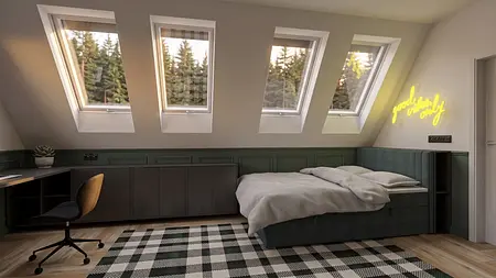 Wnętrze poddasza z łóżkiem, biurkiem i oknami, styl dopamine decor, industrialny, minimalistyczny, skandynawski, vintage, współczesny.