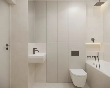 Nowoczesna łazienka w stylu skandynawskim z jasnymi płytkami i czarnymi detalami.