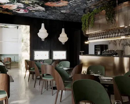 Nowoczesna restauracja z zielonymi krzesłami, marmurowym barem i kwiecistym sufitem w stylu glamour.