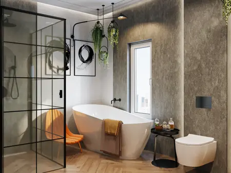 Nowoczesna łazienka w stylu industrialnym i soft minimalizm z wanną i roślinami.