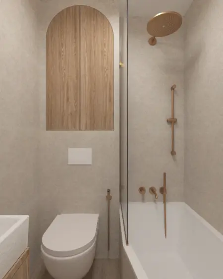 Nowoczesna łazienka w stylach boho, japandi, minimalistycznym z drewnem i miedzianymi detalami.