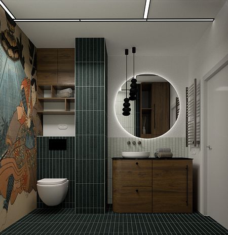 Stylowa łazienka japandi z drewnianymi meblami i zieloną ceramiką.