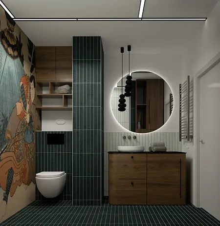 Stylowa łazienka japandi z drewnianymi meblami i zieloną ceramiką.
