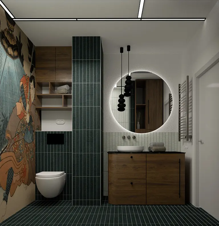 Stylowa łazienka japandi z drewnianymi meblami i zieloną ceramiką.