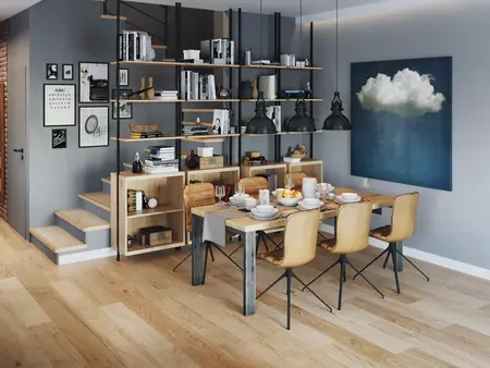 Jadalnia w stylu industrialnym i soft minimalizm z drewnianym stołem i nowoczesnymi lampami.