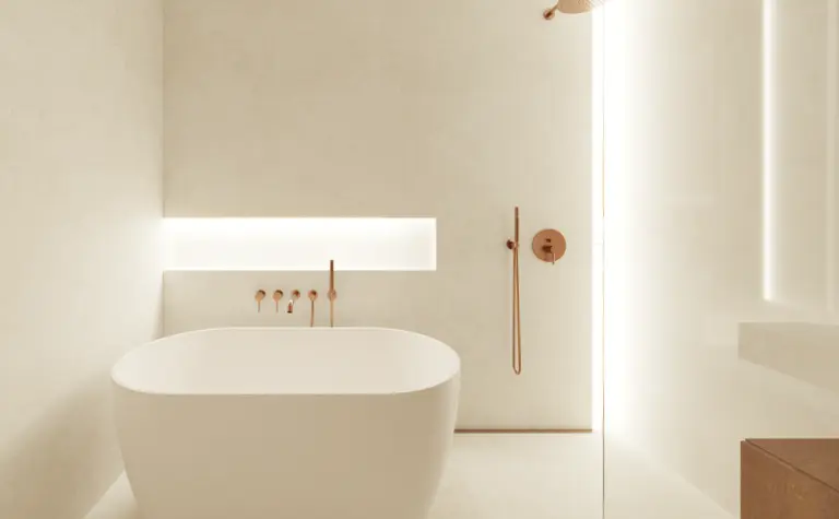 Nowoczesna łazienka z minimalistycznym designem, wanną i oświetleniem LED.