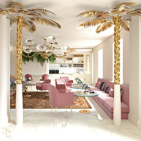 Stylowe wnętrze salonu w stylu glamour, minimalistycznym i minimaluxe z różowymi meblami.