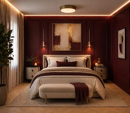 Nowoczesna sypialnia w stylu quiet luxury z burgundowymi ścianami i jasnym łóżkiem.