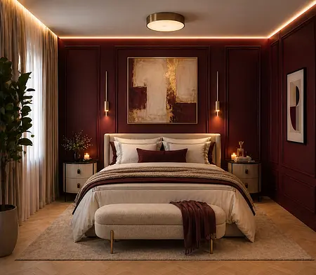 Nowoczesna sypialnia w stylu quiet luxury z burgundowymi ścianami i jasnym łóżkiem.