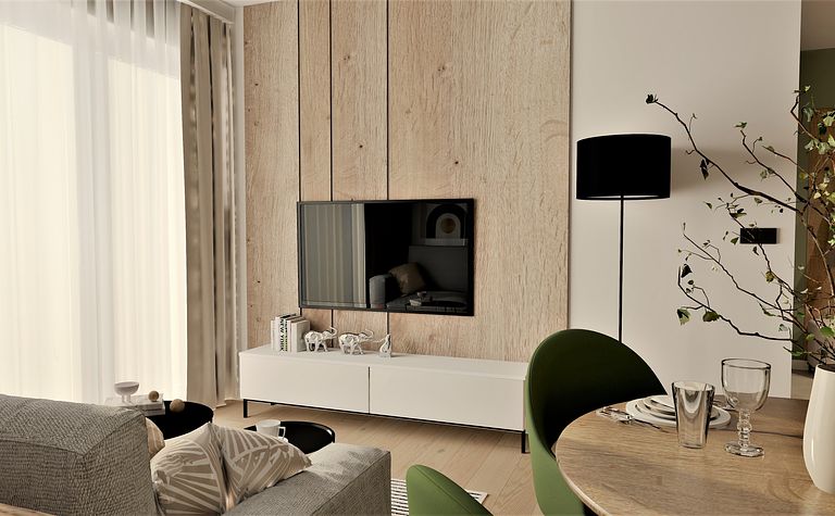 Wnętrze salonu z nowoczesnym wystrojem, skandynawskim stylem i drewnianymi detalami.