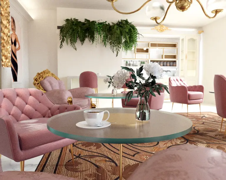 Stylowy salon w stylu glamour, minimalistyczny, minimaluxe z różowymi fotelami i roślinami.